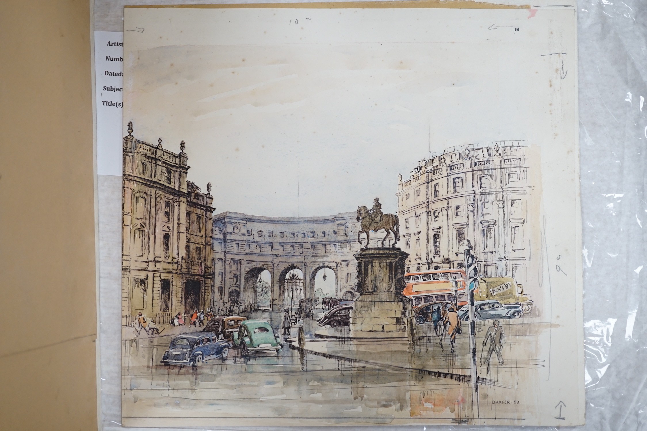 Adeline Margery Barker (1888–1970), set of four ink and watercolour designs for artwork, London street scenes, 31 x 31cm, unframed